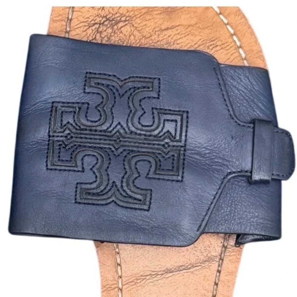 Tory Burch Melinda Slides Navy Blue Size 7.5 Flat Summer Leather Sandals